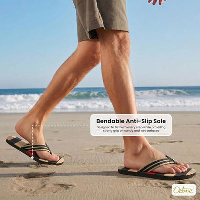 OCTAVE Mens Flip Flops - Striped Comfort Strap Design - Black