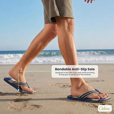 OCTAVE Mens Flip Flops - Striped Comfort Strap Design - Navy