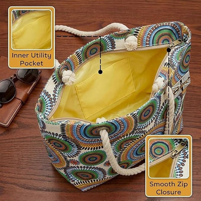 OCTAVE Ladies Summer Beach Tote Handbag - Circles Design - Blue / Green