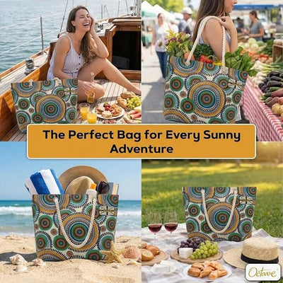 OCTAVE Ladies Summer Beach Tote Handbag - Circles Design - Blue / Green