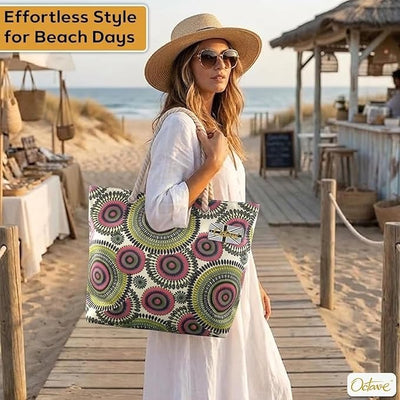 OCTAVE Ladies Summer Beach Tote Handbag - Circles Design - Green / Pink