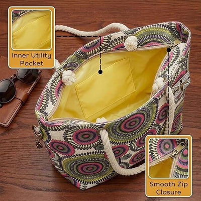 OCTAVE Ladies Summer Beach Tote Handbag - Circles Design - Green / Pink