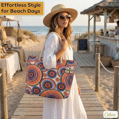 OCTAVE Ladies Summer Beach Tote Handbag - Circles Design - Orange / Blue