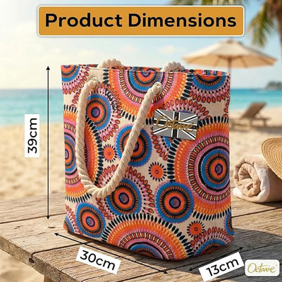 OCTAVE Ladies Summer Beach Tote Handbag - Circles Design - Orange / Blue