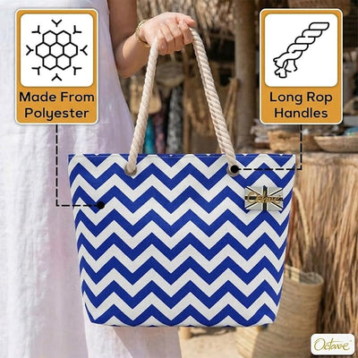 OCTAVE Ladies Summer Beach Tote Handbag - Zigzag Design - Blue & White