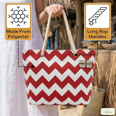 OCTAVE Ladies Summer Beach Tote Handbag - Zigzag Design - Red & White
