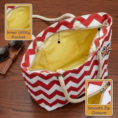 OCTAVE Ladies Summer Beach Tote Handbag - Zigzag Design - Red & White