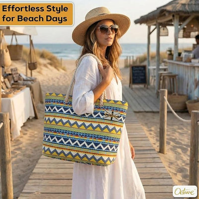 OCTAVE Ladies Summer Beach Tote Handbag - Chevron Design - Blue Mix