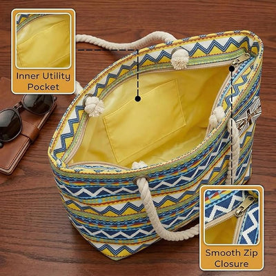 OCTAVE Ladies Summer Beach Tote Handbag - Chevron Design - Blue Mix
