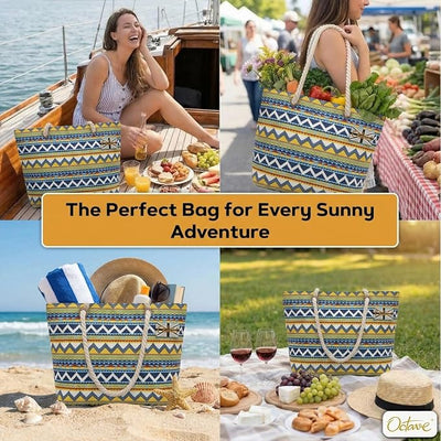 OCTAVE Ladies Summer Beach Tote Handbag - Chevron Design - Blue Mix