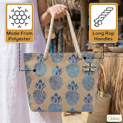 OCTAVE Ladies Summer Beach Tote Handbag - Pineapple Foil Print Design - Blue Foil