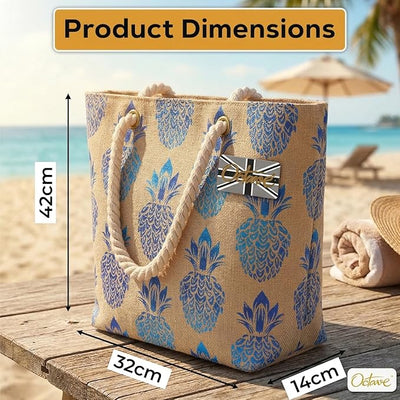 OCTAVE Ladies Summer Beach Tote Handbag - Pineapple Foil Print Design - Blue Foil