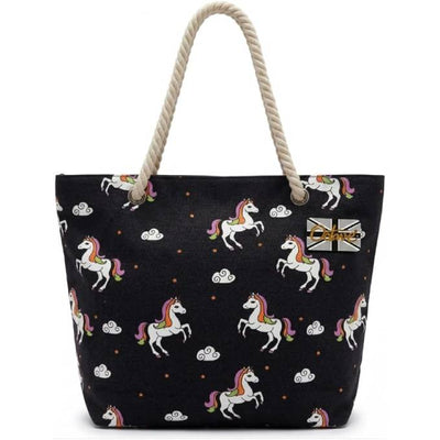 OCTAVE Ladies Summer Beach Tote Handbag - Unicorn Design - Black