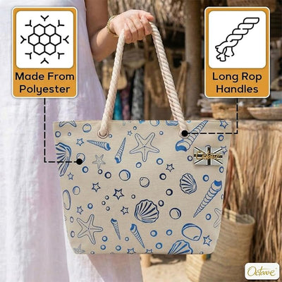 OCTAVE Ladies Summer Beach Tote Handbag - Sea Shells Foil Print Design - Blue Foil