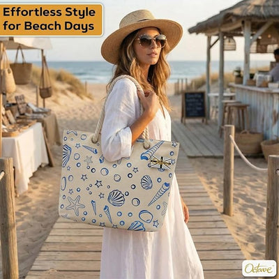 OCTAVE Ladies Summer Beach Tote Handbag - Sea Shells Foil Print Design - Blue Foil