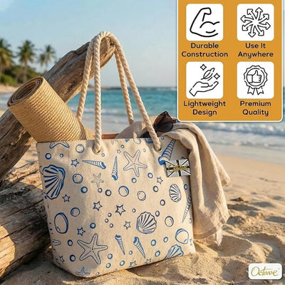 OCTAVE Ladies Summer Beach Tote Handbag - Sea Shells Foil Print Design - Blue Foil