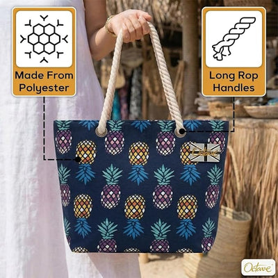OCTAVE Ladies Summer Beach Tote Handbag - Pineapple Design - Navy Multi Pineapples