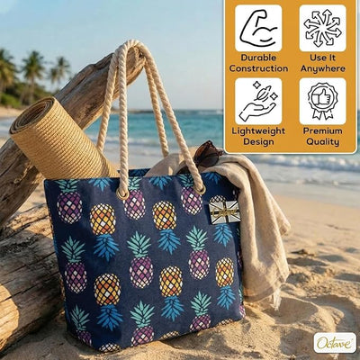 OCTAVE Ladies Summer Beach Tote Handbag - Pineapple Design - Navy Multi Pineapples