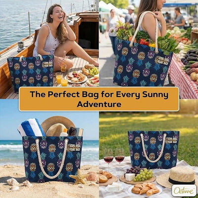OCTAVE Ladies Summer Beach Tote Handbag - Pineapple Design - Navy Multi Pineapples