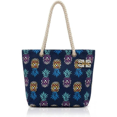 OCTAVE Ladies Summer Beach Tote Handbag - Pineapple Design - Navy Multi Pineapples