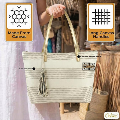 OCTAVE Ladies Summer Beach Tote Handbag - Striped Design With Tassel - Cream