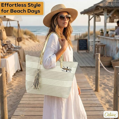 OCTAVE Ladies Summer Beach Tote Handbag - Striped Design With Tassel - Cream