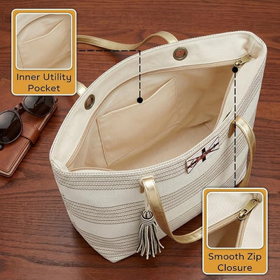 OCTAVE Ladies Summer Beach Tote Handbag - Striped Design With Tassel - Cream