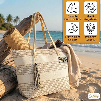 OCTAVE Ladies Summer Beach Tote Handbag - Striped Design With Tassel - Cream