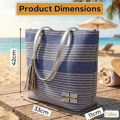 OCTAVE Ladies Summer Beach Tote Handbag - Striped Design With Tassel - Navy