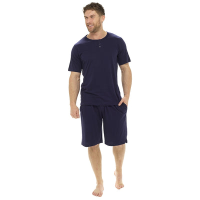 Octave Mens Plain Cotton Henley Neck T-Shirt & Shorts Summer Pyjama Lounge Set (RRP £14.99) - SPECIAL OFFER