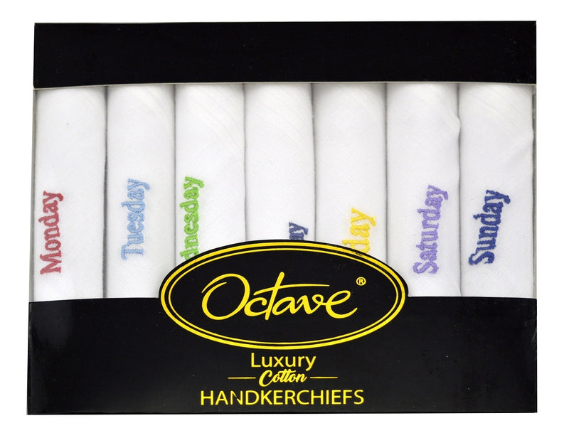 OCTAVE Mens White 100% Cotton Days Of The Week Handkerchiefs Gift Boxed 7 Pack - Perfect Gift Idea
