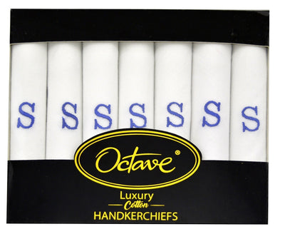 OCTAVE® Mens White 100% Cotton Embroidered With Blue Initial Handkerchiefs Gift Boxed 7 Pack - Perfect Gift Idea
