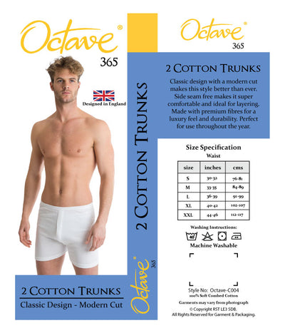 Octave® Mens Soft 100% Combed Cotton Trunks Classic Design Modern Cut - Pack of 2