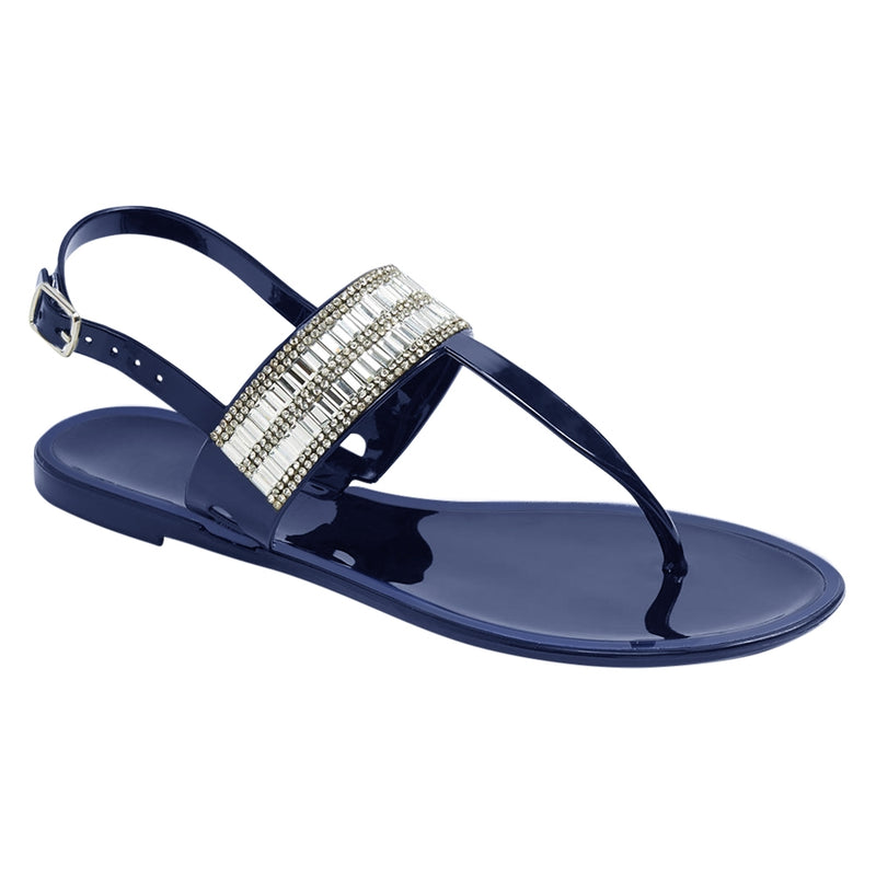Flat Jelly Sandals Navy Buckle Strap