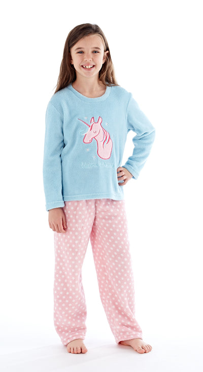 OCTAVE Girls Fun Unicorn Print Super Soft Coral Fleece Loungewear Pyjama Set