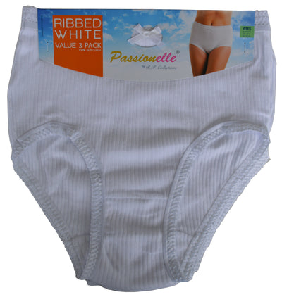 3 PACK : Womens Passionelle® Ribbed White Colour Super Soft Cotton Full Briefs