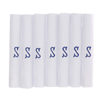 OCTAVE® Mens White 100% Cotton Embroidered With Blue Initial Handkerchiefs Gift Boxed 7 Pack - Perfect Gift Idea
