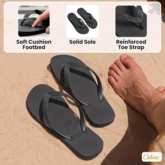 OCTAVE Mens Flip Flops - Solid Plain Design - Black