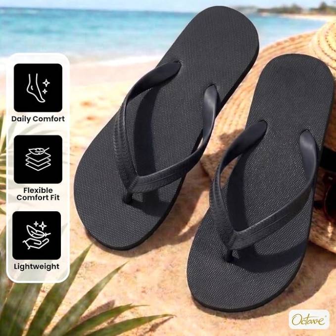 OCTAVE Mens Flip Flops - Solid Plain Design - Black