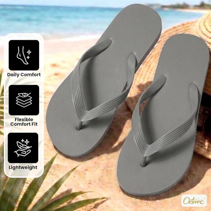 OCTAVE Mens Flip Flops - Solid Plain Design - Grey