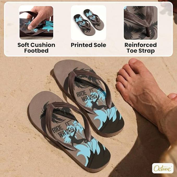 OCTAVE Mens Flip Flops - Surfing Design - Brown