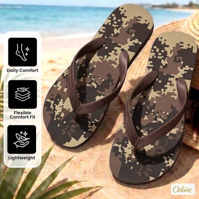 OCTAVE Mens Flip Flops - Camoflague Design - Brown