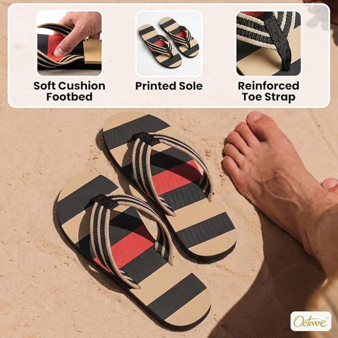 OCTAVE Mens Flip Flops - Striped Comfort Strap Design - Black