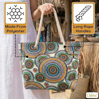 OCTAVE Ladies Summer Beach Tote Handbag - Circles Design - Blue / Green