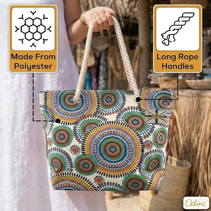 OCTAVE Ladies Summer Beach Tote Handbag - Circles Design - Blue / Green