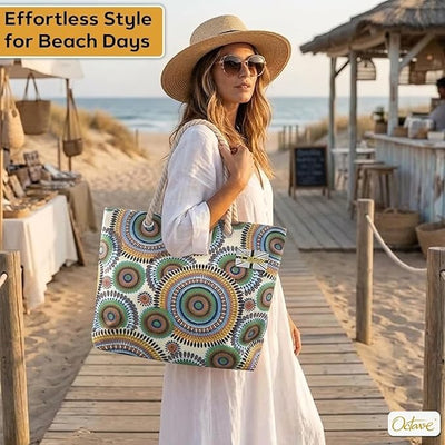 OCTAVE Ladies Summer Beach Tote Handbag - Circles Design - Blue / Green