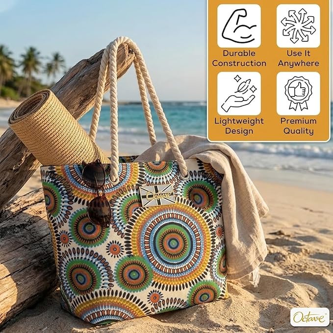 OCTAVE Ladies Summer Beach Tote Handbag - Circles Design - Blue / Green