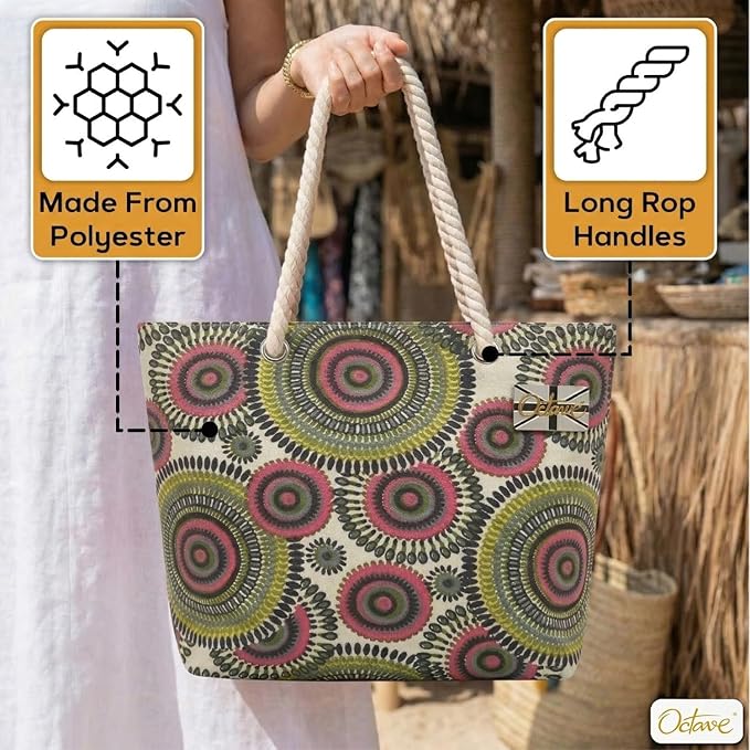 OCTAVE Ladies Summer Beach Tote Handbag - Circles Design - Green / Pink