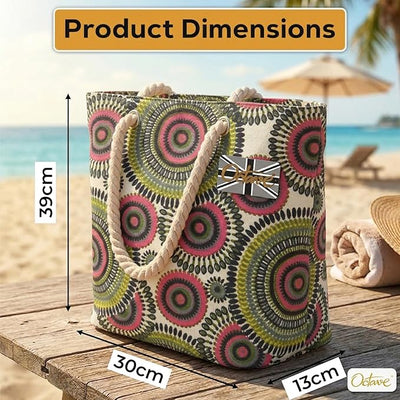 OCTAVE Ladies Summer Beach Tote Handbag - Circles Design - Green / Pink