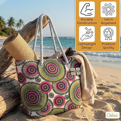 OCTAVE Ladies Summer Beach Tote Handbag - Circles Design - Green / Pink